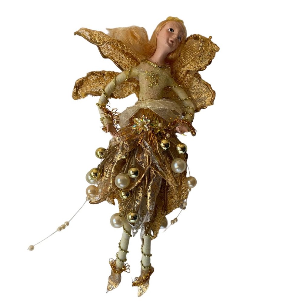 Golden Christmas angel fairy mini doll ornament pearl skirt‎ gilded wings tinsel